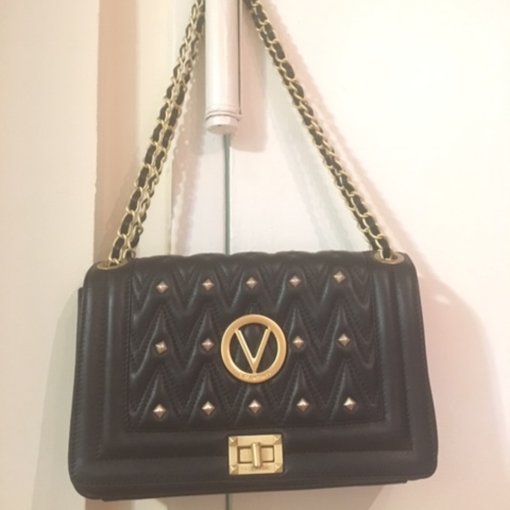 Valentino Black Quilted Leather Shoulder Bag with Gold Hardware
